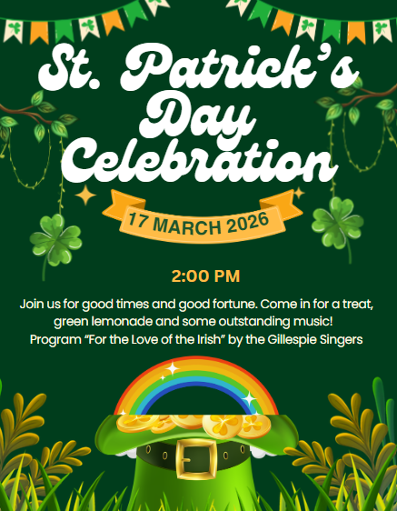 St. Patrick's Day Celebration poster, March 17 event with music and treats. - Gillespie Center