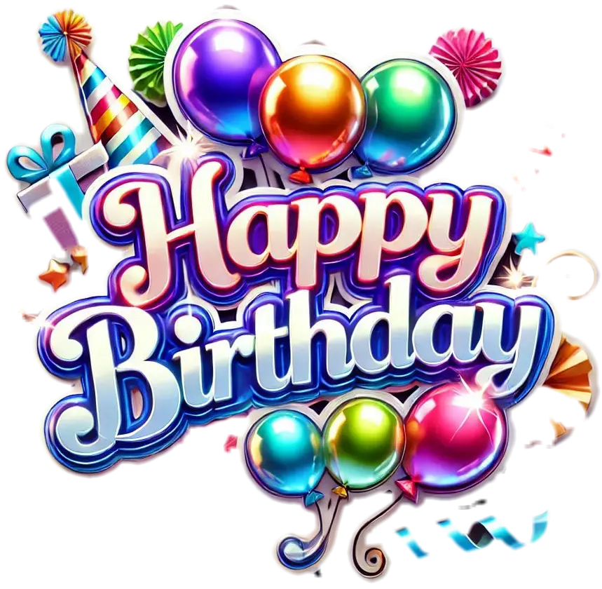 Happy Birthday text with colorful balloons, party hat, and confetti for June birthdays. - Gillespie Center
