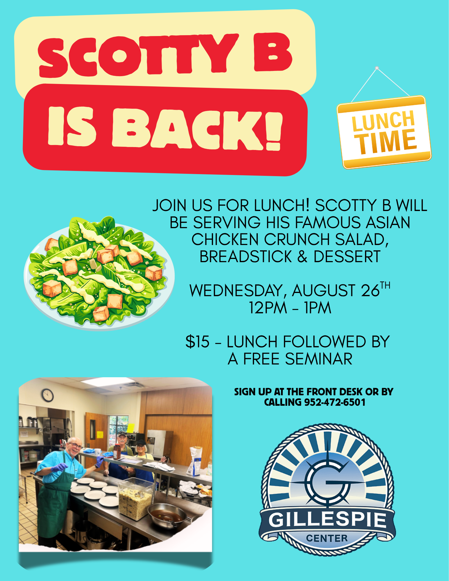 Scotty B is back! Flyer for August 26th lunch seminar at Gillespie Center - Gillespie Center