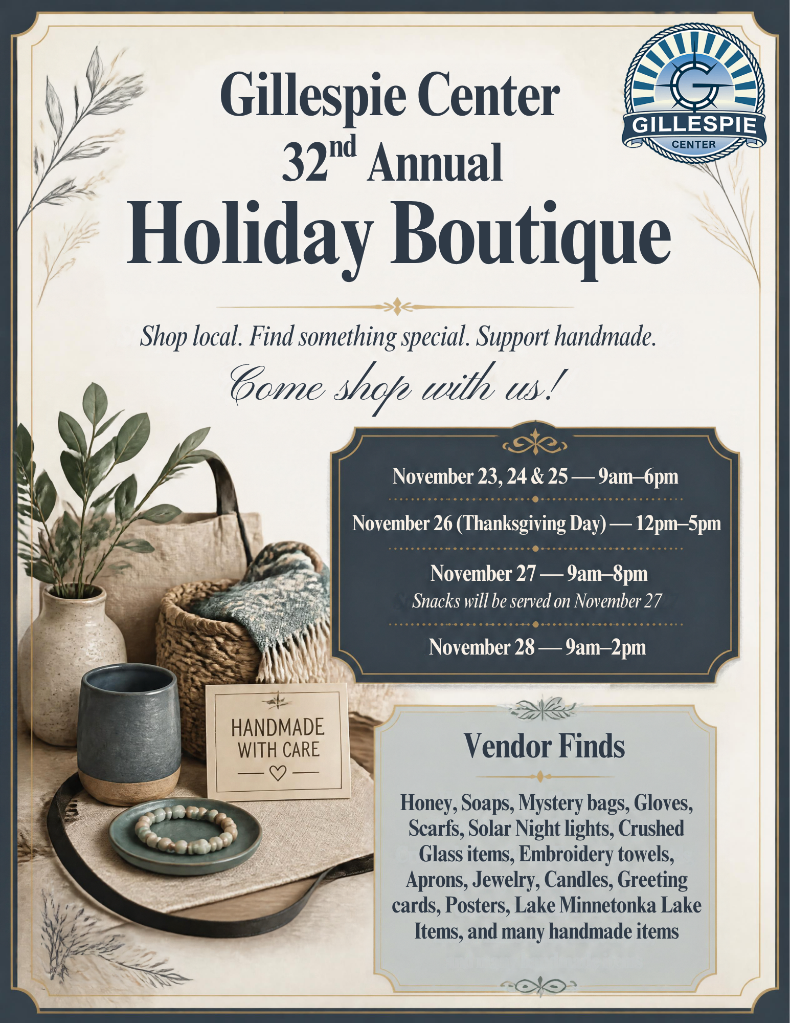 Gillespie Center 32nd Annual Holiday Boutique flyer with dates and vendor items - Gillespie Center